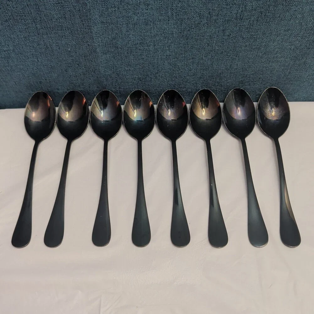 Set of 8 Black Stainless Steel Spoons 18/0 Modern Onyx Flatware Table Spoons Set
